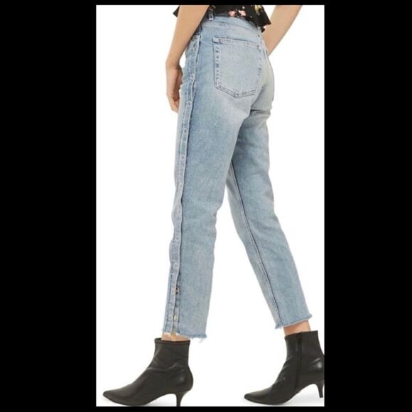Topshop Moto Snap Leg High Rise Jeans Blue 32 Cropped Raw Hem Grunge - Picture 6 of 14